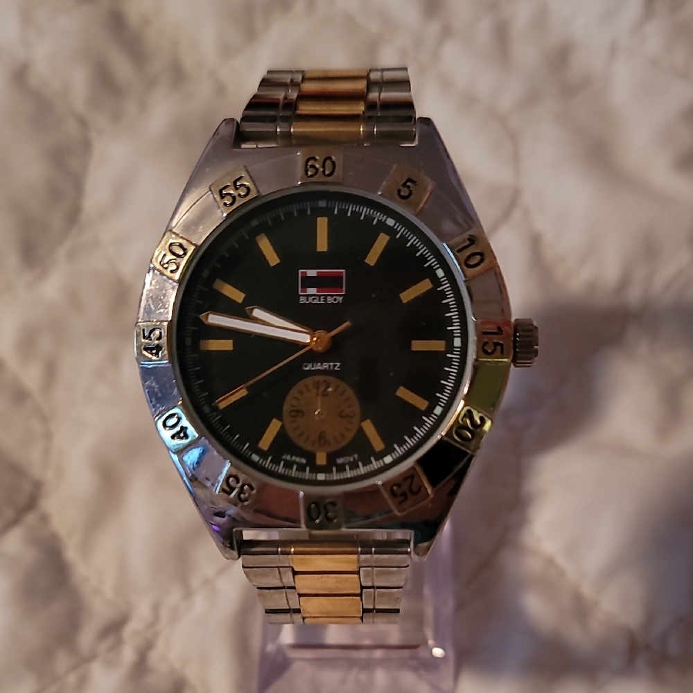 Bugle Boy Mens Watch Silver & Goldtone B.B. 1977 Large‎ Case 8" Band